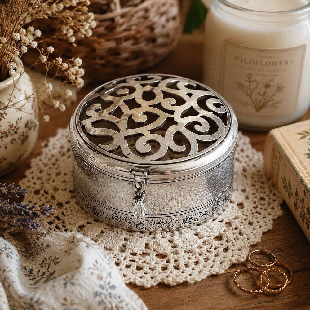 Brighton Skribbel Round Trinket Box G80830 Silver Scrollwork Hearts Cottagecore